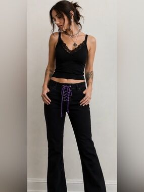 The Grave Girls Dolls Kill lace up embroidered bat jeans XL